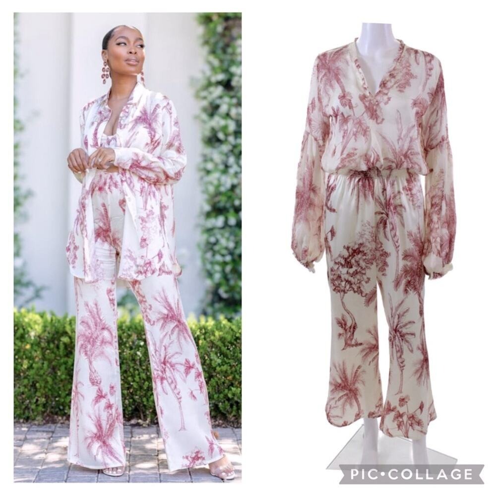 $650 AguaClara Agua Clara silk loungewear set pants shirt M botanical floral